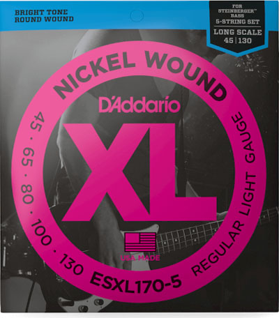 D'Addario ESXL170-5 Nickel Wound 5-String Bass Guitar Strings, Light, 45-130, Double Ball End, Long Scale