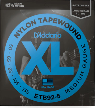 D'Addario ETB92-5 5-String Tapewound Bass Guitar Strings, Medium, 50-135, Long Scale