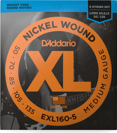 D'Addario EXL160-5 5-String Nickel Wound Bass Guitar Strings, Medium, 50-135, Long Scale