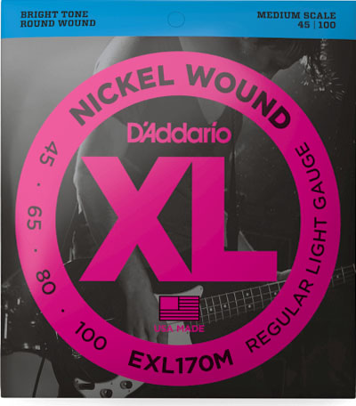 D'Addario EXL170M Nickel Wound Bass Guitar Strings, Light, 45-100, Medium Scale