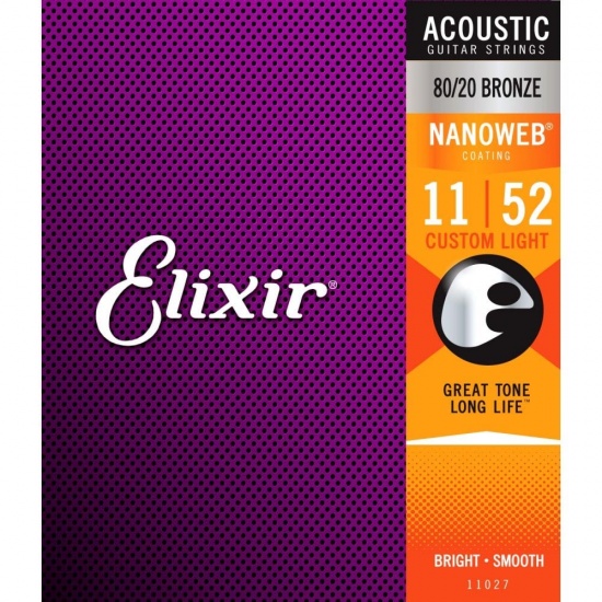 Elixir Nanoweb 80/20 Bronze Acoustic Guitar Strings, 11-52 Custom Light
