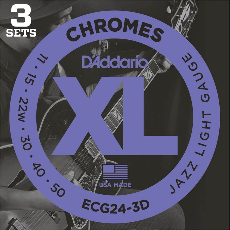 D'Addario ECG24-3D Chromes Flat Wound Electric Guitar Strings, Jazz Light, 11-50, 3 Sets