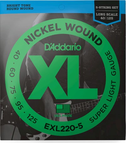 D'Addario EXL220-5 5-String Nickel Wound Bass Guitar Strings, Super Light, 40-125, Long Scale