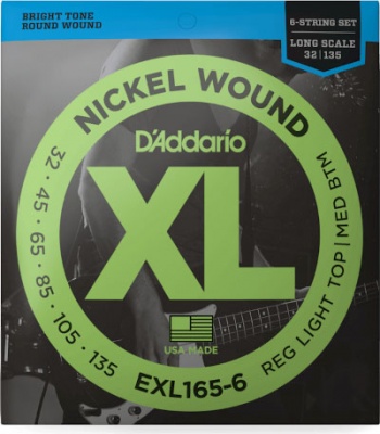 D'Addario EXL165-6 6-String Nickel Wound Bass Guitar Strings, Custom Light, 32-135, Long Scale