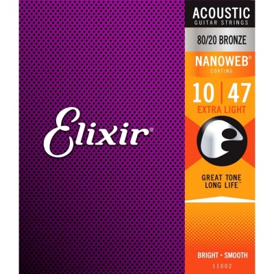 Elixir Nanoweb 80/20 Bronze Acoustic Guitar Strings, 10-47 Extra Light